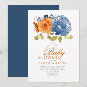 Navy Blue Orange Boho Fall Floral Baby Shower Invitation