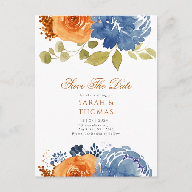 Navy Blue Orange Boho Floral Fall Save The Date Postcard (Front)