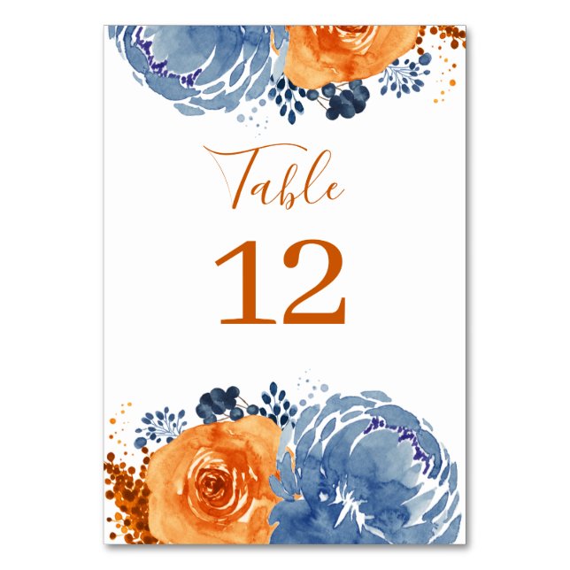 Navy Blue Orange  Boho Floral Terracotta    Table Number (Front)