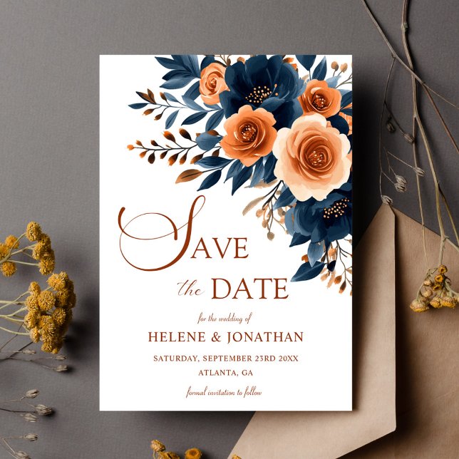 Navy Blue Orange Boho Garden Elegant Wedding Save The Date (Navy Blue Orange Boho Garden Elegant Wedding Save The Date)