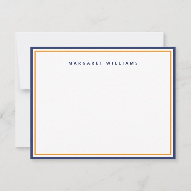 Navy Blue & Orange Border Simple Minimalist Note Card (Front)