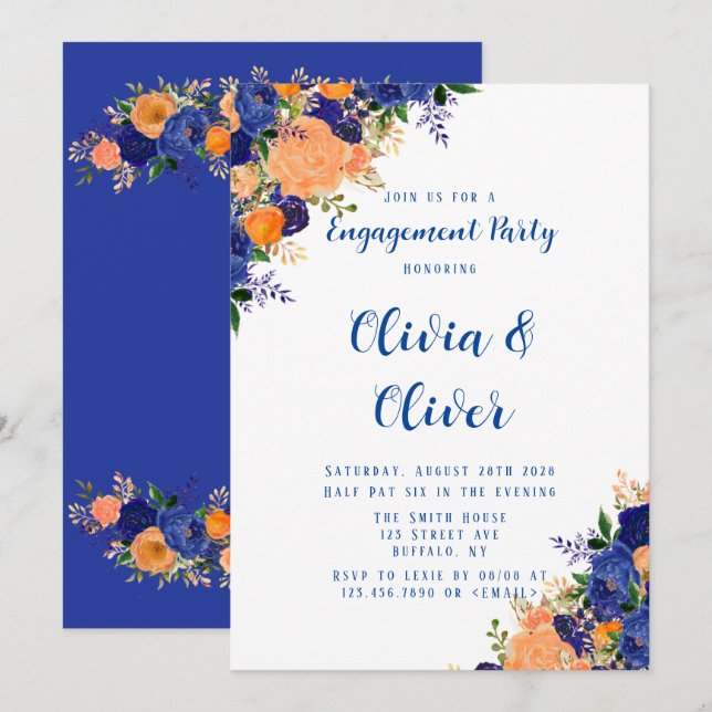 Navy Blue Orange Botanical Floral Engagement Party Invitation (Front/Back)