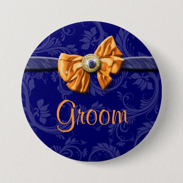 Navy blue orange bridal party wedding button (Front)