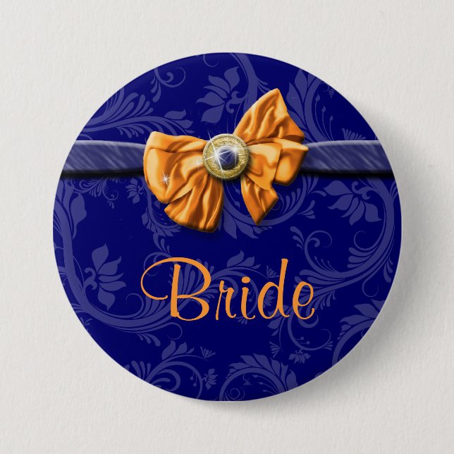 Navy blue orange bridal party wedding pinback button (Front)