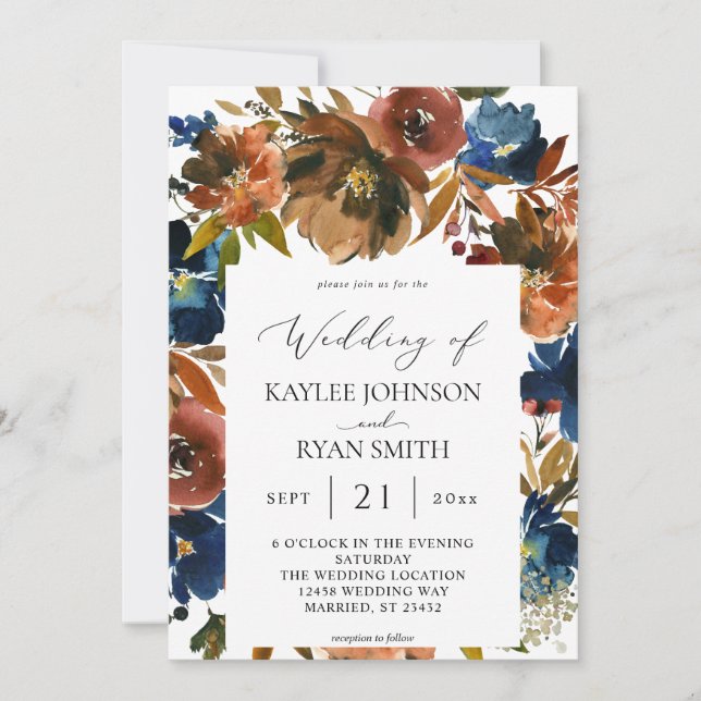 Navy Blue, Orange, & Brown Floral Fall 2 Invitation (Front)