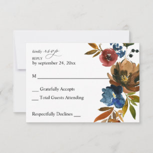 Navy Blue, Orange & Brown Floral no Meal RSVP Card