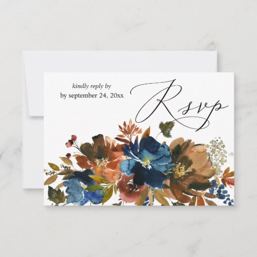 Navy Blue Orange Brown Floral with Meal RSVP Card