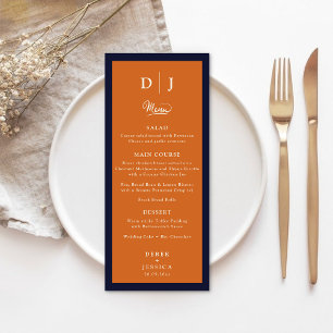 Navy Blue Orange & Cream Elegant Luxury Wedding Menu