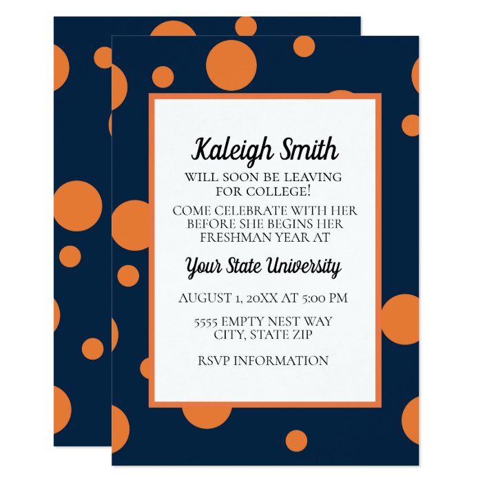 Navy Blue Orange Dots College Trunk Party Invitation Zazzle Navy Blue Orange Dots College Trunk