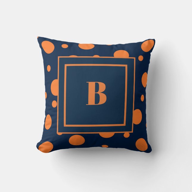 Navy Blue Orange Dots Large Monogram Throw Pillow (Front)