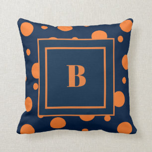 Navy Blue Orange Dots Large Monogram Throw Pillow