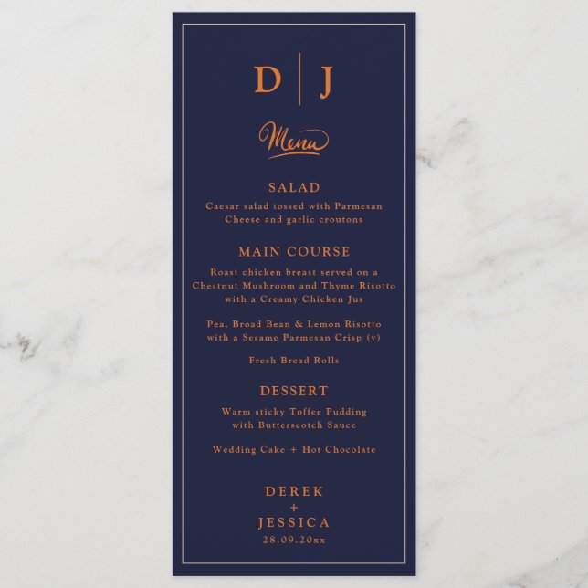 Navy Blue & Orange Fall Elegant Luxury Wedding  Menu (Front)