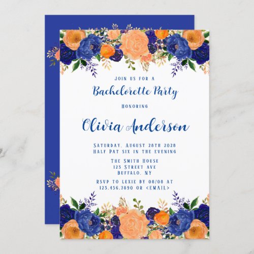 Navy Blue Orange Floral Bachelorette Party Invitat Invitation