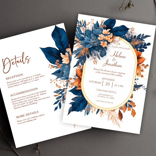 Navy Blue Orange Floral Elegant All In One Wedding Invitation