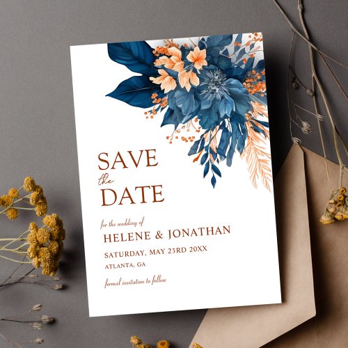 Navy Blue Orange Floral Elegant Wedding Save The Date