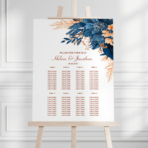 Navy Blue Orange Floral Elegant Wedding Seating Foam Board