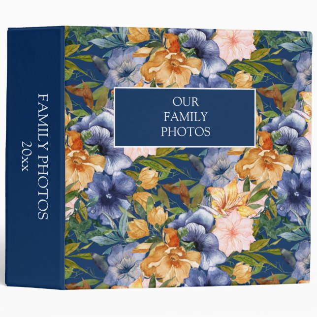 Navy Blue Orange Floral Family Photos 3 Ring Binder (Front/Spine)