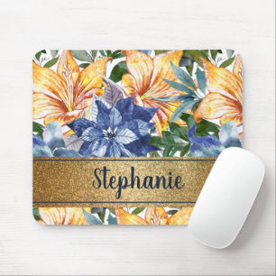 Navy Blue Orange Floral Gold Name Script   Mouse Pad