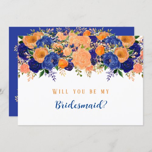 Navy Blue Orange Floral Will You Be My Bridesmaid Invitation
