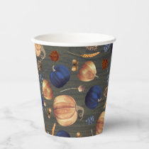 Navy Blue Orange Pumpkin Fall Harvest Rustic Wood Paper Cups