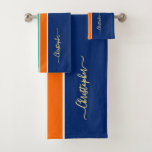Navy Blue Orange Racing Stripes Faux Gold Monogram Bath Towel Set<br><div class="desc">Create your own custom, personalized, cool, classy, stylish, classic, dark navy blue bright orange teal and white racing stripes design, modern elegant faux gold typography / script monogram, trendy, machine washable, bath towel set that includes 30" x 60" bath towel, 16" x 28" hand towel and 13" x 13" washcloth....</div>