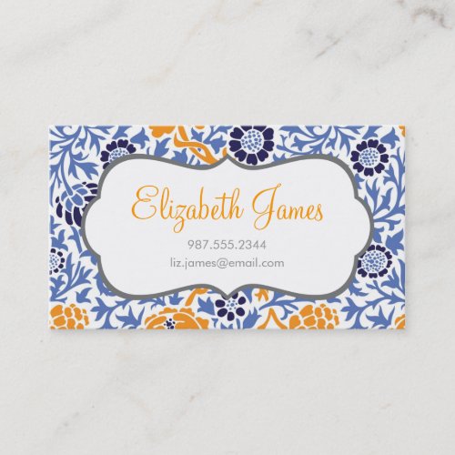 Navy Blue &amp; Orange Retro Floral Damask Business Card Template
