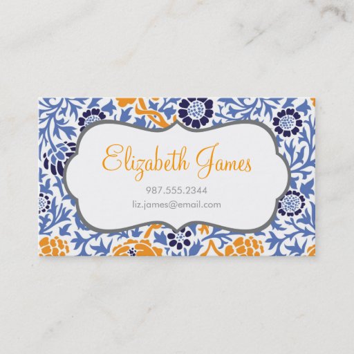 Customizable Navy Blue &amp; Orange Retro Floral Damask Business Card Template