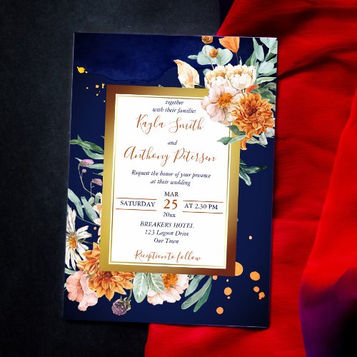 Navy blue orange roses cream flower wedding invite