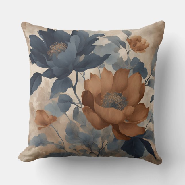 Navy Blue Orange Rustic Farmhouse Floral Throw Pillow (Front)