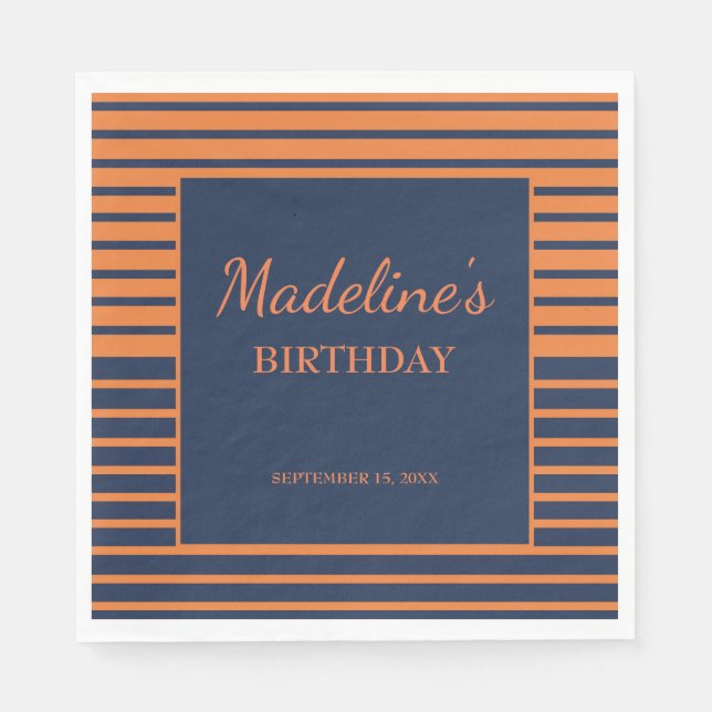 Navy Blue Orange Striped Birthday Party  Napkins (Front)