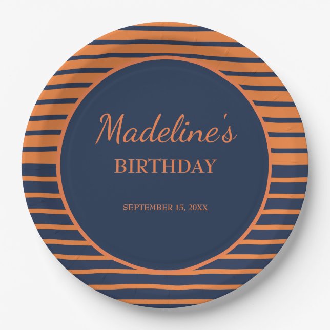Navy Blue Orange Striped Birthday Party  Paper Plates (Front)
