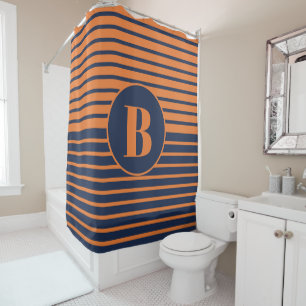 Navy Blue Orange Striped Monogram Shower Curtain