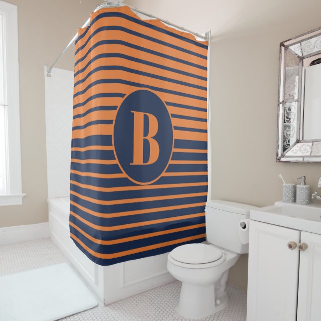 Navy Blue Orange Striped Monogram  Shower Curtain (In Situ)