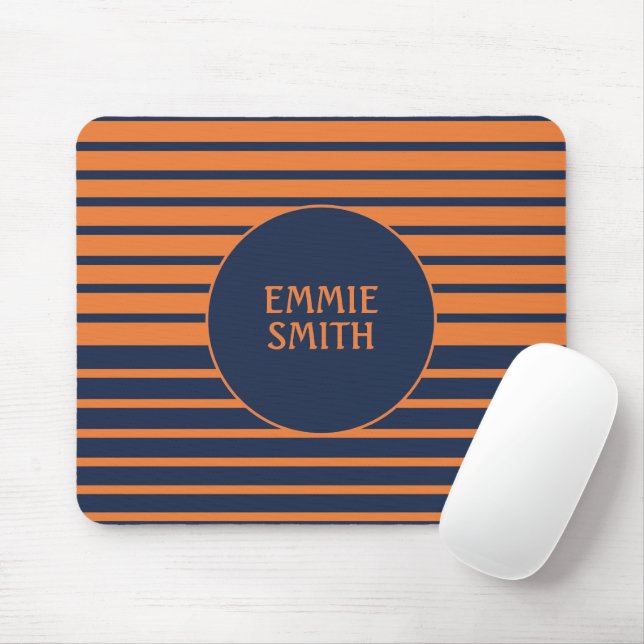 Navy Blue Orange Striped Personalized Mouse Pad (With Mouse)