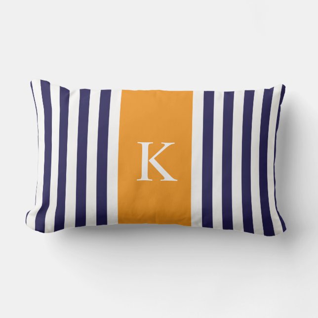 Navy Blue Orange Stripes Monogram Lumbar Pillow (Front)