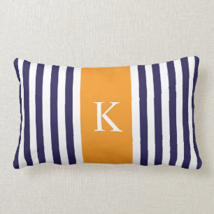 Navy Blue Orange Stripes Monogram Lumbar Pillow