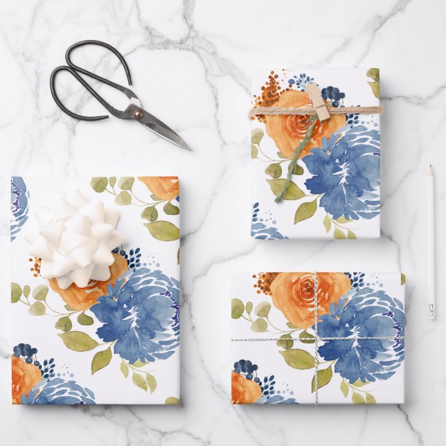 Navy Blue Orange Terracotta Boho Floral  Wrapping Paper Sheets (Front)