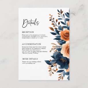 Navy Blue Orange Terracotta Floral Wedding Details Enclosure Card