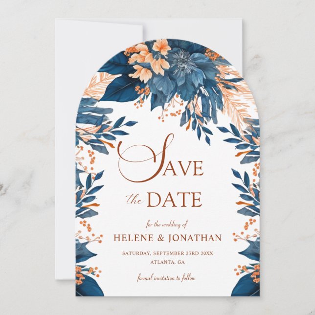 Navy Blue Orange Terracotta Rust Elegant Wedding Save The Date (Front)