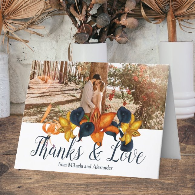 Navy Blue Orange Tiger Lily Wedding Thank You Card (Fall tiger lilies, gold, blue calla lily wedding thank you card, folded with wedding photo)
