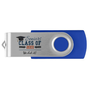 Navy Blue Orange Typography Graduation USB Flash Drive