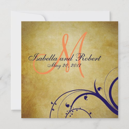 Navy Blue Orange Vintage Wedding Invitation