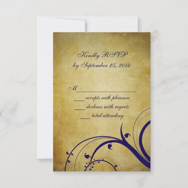 Navy Blue Orange Vintage Wedding RSVP Card (Front)