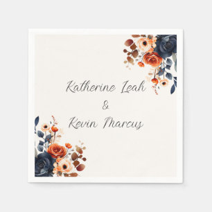 Navy Blue Orange Watercolor Floral Napkins