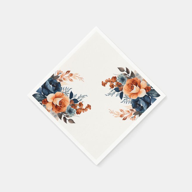 Navy Blue Orange Watercolor Floral Napkins (Corner)