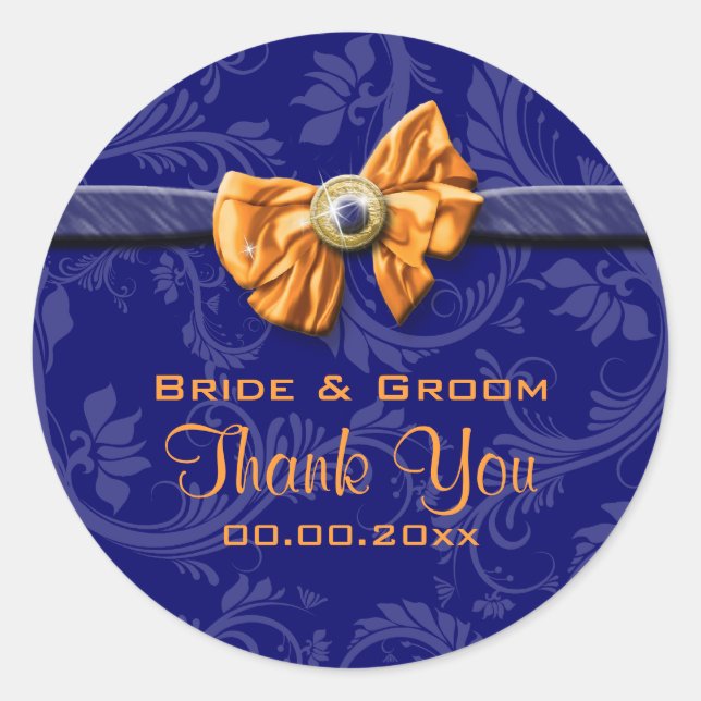 Navy blue orange wedding "thank you" classic round sticker (Front)