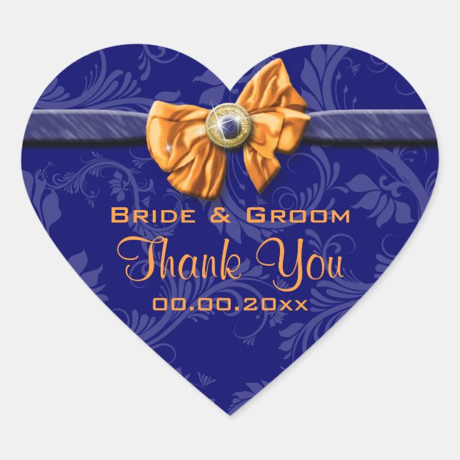 Navy blue orange wedding "thank you" theme heart sticker (Front)