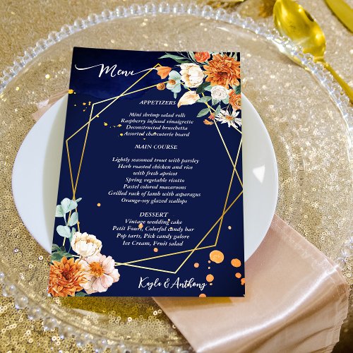 Navy blue orange white roses menu 