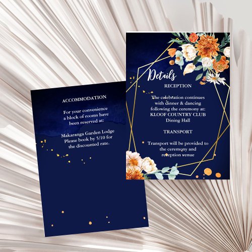 Navy blue orange white roses wedding details enclosure card