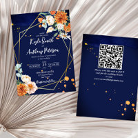 Navy blue orange white roses wedding invite
